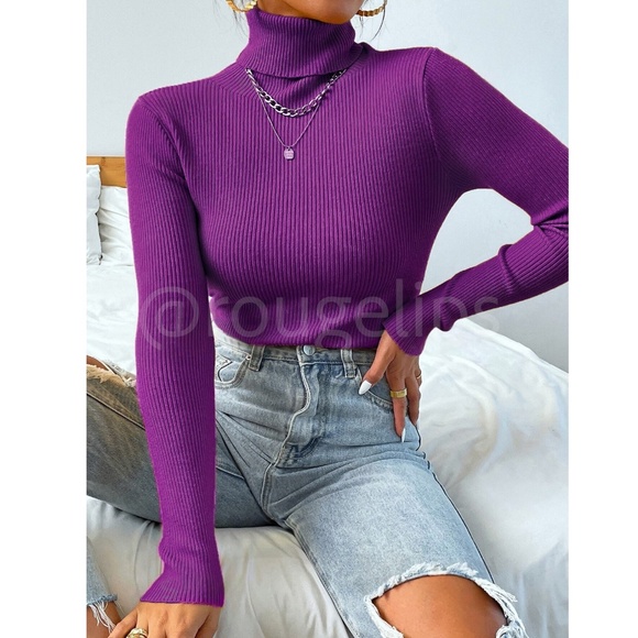 Purple Sweater Top Rib-Knit High Neck Turtleneck Long Sleeve - Picture 5 of 9